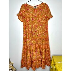 JAASE Boho Ruffle Orange Floral Sash Belted Dress